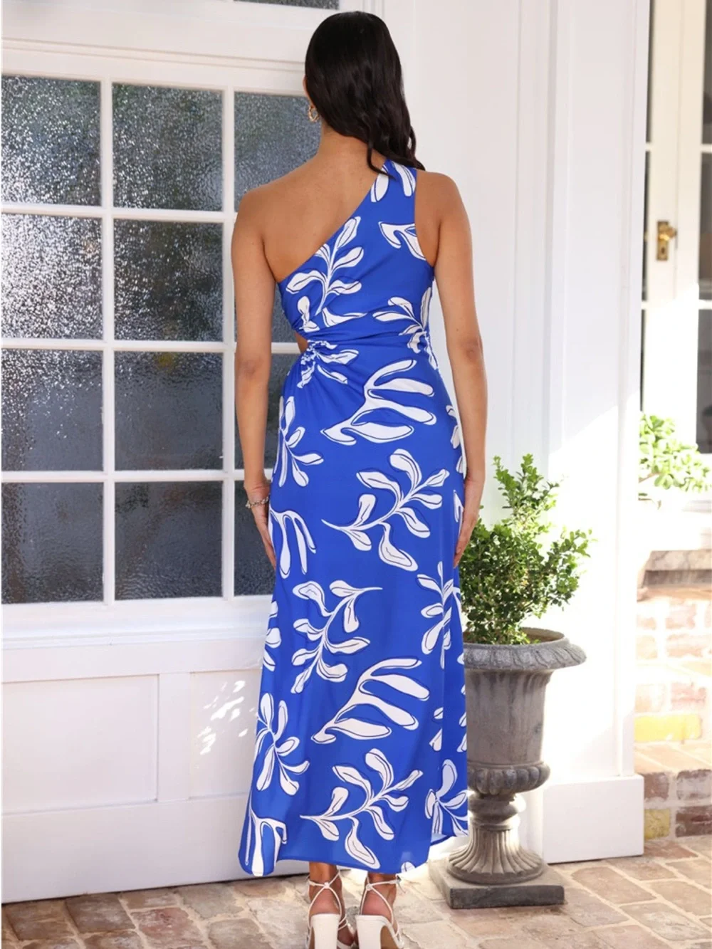 Hello Molly One-Shoulder Royal Blue and White Cutout Maxi Dress - Picture 5 of 10